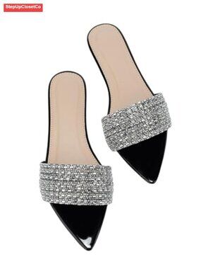 Rhinestone Flat Sandals Pointed Open Toe Slip On Slide Faux Leather